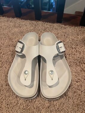 Birkenstock White Toe-Post Sandals with Silver Buckles
